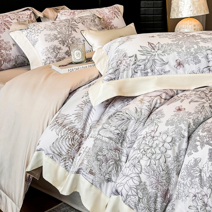 91家纺网 家纺一手货源 找家纺 高档礼盒装50*50S贡缎长绒棉数码印花四件套100%纯棉全棉床单床笠款量大价优 油画灰-斯里兰卡-A类贡缎100%长绒棉