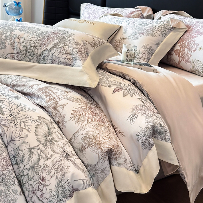 91家纺网 家纺一手货源 找家纺 高档礼盒装50*50S贡缎长绒棉数码印花四件套100%纯棉全棉床单床笠款量大价优 油画灰-斯里兰卡-A类贡缎100%长绒棉