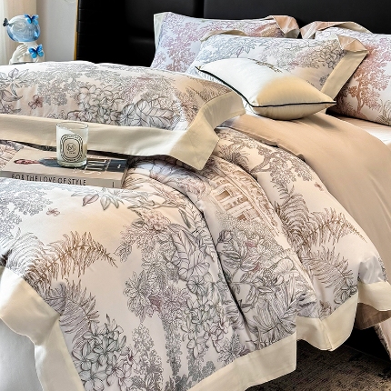 高档礼盒装50*50S贡缎长绒棉数码印花四件套100%纯棉全棉床单床笠款量大价优 油画灰-斯里兰卡-A类贡缎100%长绒棉