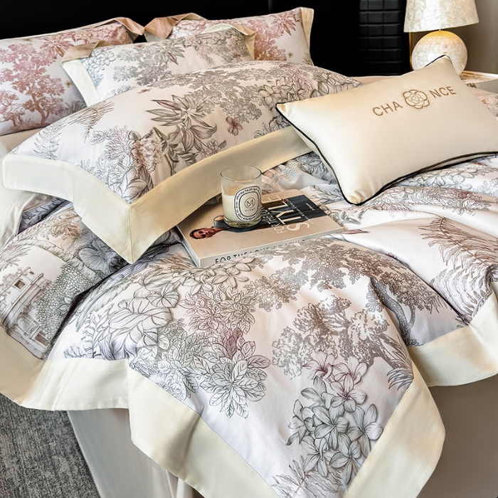 91家纺网 家纺一手货源 找家纺 高档礼盒装50*50S贡缎长绒棉数码印花四件套100%纯棉全棉床单床笠款量大价优 油画灰-斯里兰卡-A类贡缎100%长绒棉