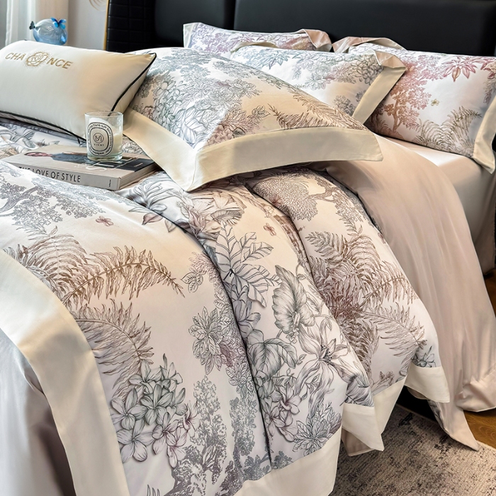 91家纺网 家纺一手货源 找家纺 高档礼盒装50*50S贡缎长绒棉数码印花四件套100%纯棉全棉床单床笠款量大价优 油画灰-斯里兰卡-A类贡缎100%长绒棉