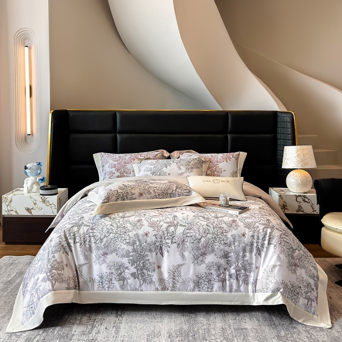 91家纺网 家纺一手货源 找家纺 高档礼盒装50*50S贡缎长绒棉数码印花四件套100%纯棉全棉床单床笠款量大价优 油画灰-斯里兰卡-A类贡缎100%长绒棉