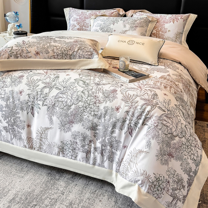 91家纺网 家纺一手货源 找家纺 高档礼盒装50*50S贡缎长绒棉数码印花四件套100%纯棉全棉床单床笠款量大价优 油画灰-斯里兰卡-A类贡缎100%长绒棉