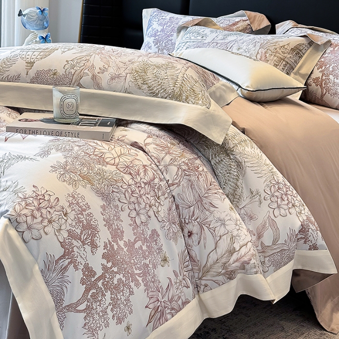 91家纺网 家纺一手货源 找家纺 高档礼盒装50*50S贡缎长绒棉数码印花四件套100%纯棉全棉床单床笠款量大价优 河石咖-斯里兰卡-A类贡缎100%长绒棉