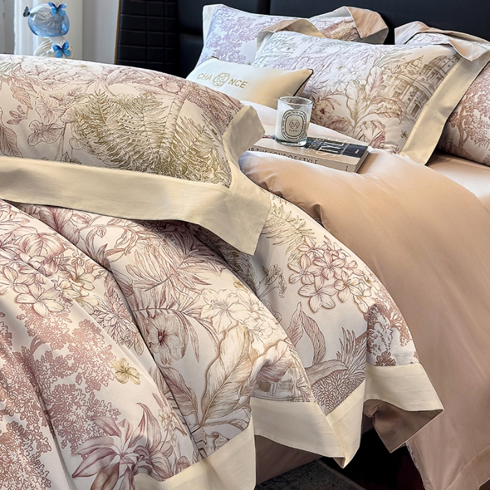 91家纺网 家纺一手货源 找家纺 高档礼盒装50*50S贡缎长绒棉数码印花四件套100%纯棉全棉床单床笠款量大价优 河石咖-斯里兰卡-A类贡缎100%长绒棉