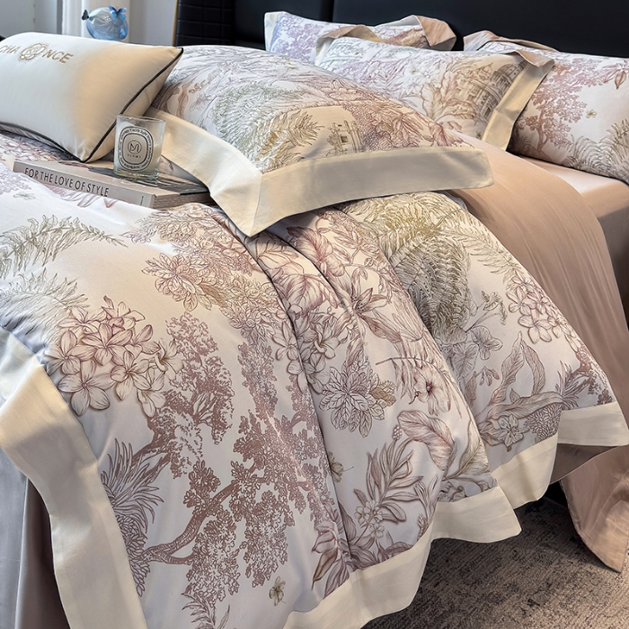 91家纺网 家纺一手货源 找家纺 高档礼盒装50*50S贡缎长绒棉数码印花四件套100%纯棉全棉床单床笠款量大价优 河石咖-斯里兰卡-A类贡缎100%长绒棉