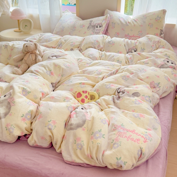 91家纺网 家纺一手货源 找家纺 （总）梦舒阳家纺 2025牛奶绒四件套牛奶绒单被套牛奶绒床笠款四件套小清新可爱套件