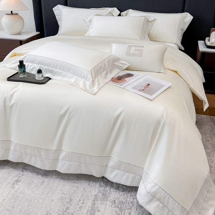 91家纺网 家纺一手货源 找家纺 高档礼盒装彩金色织提花50*50S贡缎纯棉加厚磨毛四件套100%全棉 高级白-马德里-彩金色织提花纯棉磨毛