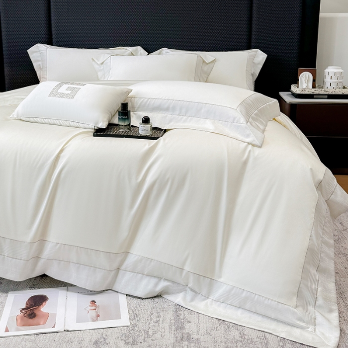 91家纺网 家纺一手货源 找家纺 高档礼盒装彩金色织提花50*50S贡缎纯棉加厚磨毛四件套100%全棉 高级白-马德里-彩金色织提花纯棉磨毛