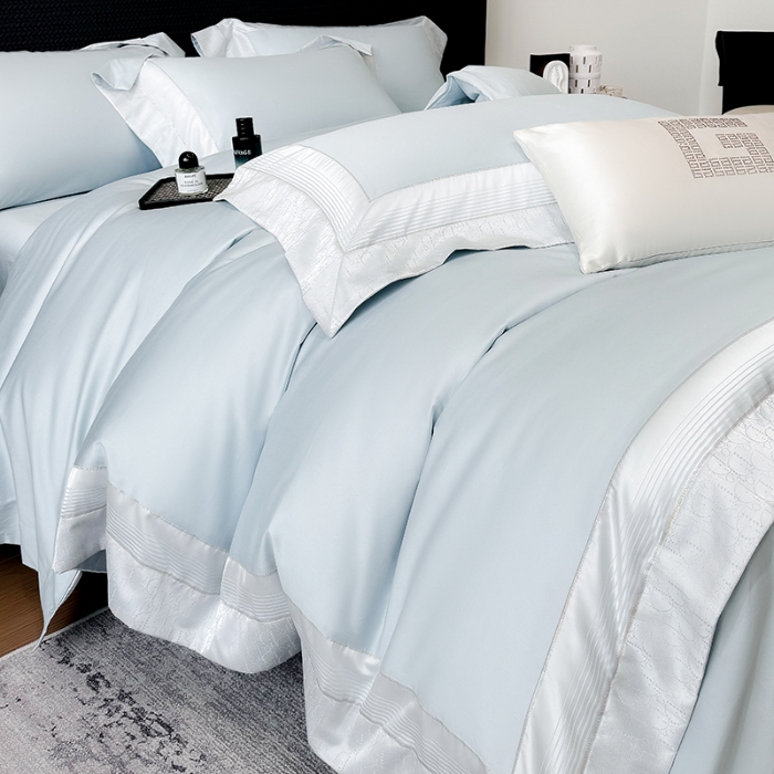 91家纺网 家纺一手货源 找家纺 高档礼盒装彩金色织提花50*50S贡缎纯棉加厚磨毛四件套100%全棉 祖玛蓝-马德里-彩金色织提花纯棉磨毛