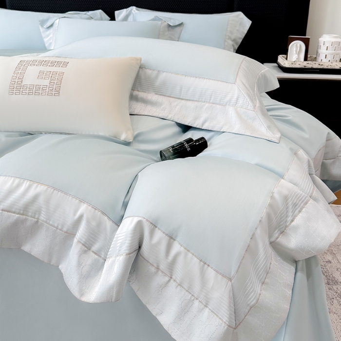 91家纺网 家纺一手货源 找家纺 高档礼盒装彩金色织提花50*50S贡缎纯棉加厚磨毛四件套100%全棉 祖玛蓝-马德里-彩金色织提花纯棉磨毛