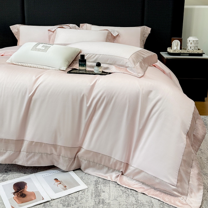 91家纺网 家纺一手货源 找家纺 高档礼盒装彩金色织提花50*50S贡缎纯棉加厚磨毛四件套100%全棉 桃花粉-马德里-彩金色织提花纯棉磨毛