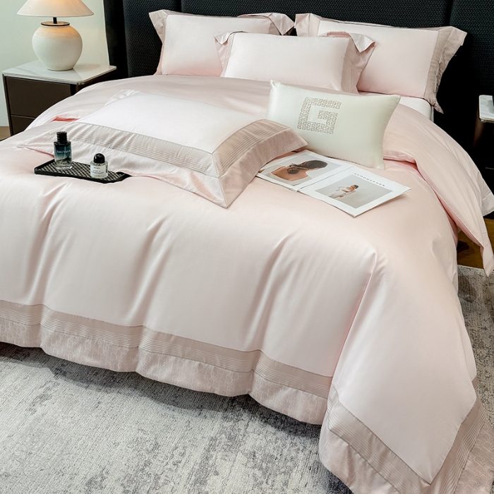 91家纺网 家纺一手货源 找家纺 高档礼盒装彩金色织提花50*50S贡缎纯棉加厚磨毛四件套100%全棉 桃花粉-马德里-彩金色织提花纯棉磨毛