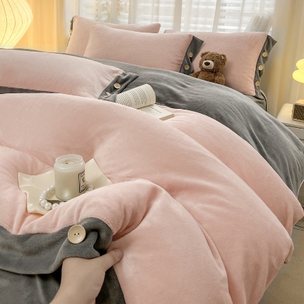 91家纺网 家纺一手货源 找家纺 （总）（含买家秀）2025秋冬新款纯色双拼牛奶绒纽扣款加厚保暖简约床单被套枕套床上用品