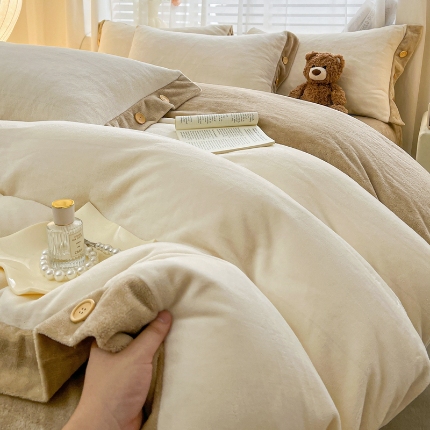 91家纺网 家纺一手货源 找家纺 （总）（含买家秀）2025秋冬新款纯色双拼牛奶绒纽扣款加厚保暖简约床单被套枕套床上用品