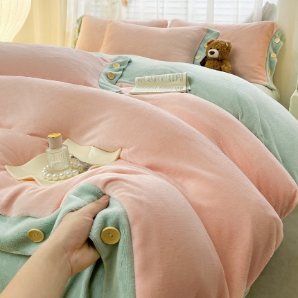 91家纺网 家纺一手货源 找家纺 （总）（含买家秀）2025秋冬新款纯色双拼牛奶绒纽扣款加厚保暖简约床单被套枕套床上用品