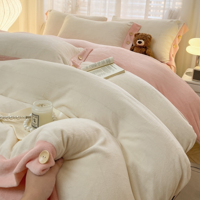 91家纺网 家纺一手货源 找家纺 （总）（含买家秀）2025秋冬新款纯色双拼牛奶绒纽扣款加厚保暖简约床单被套枕套床上用品