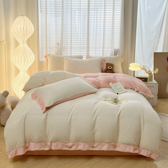 91家纺网 家纺一手货源 找家纺 （总）（含买家秀）2025秋冬新款纯色双拼牛奶绒纽扣款加厚保暖简约床单被套枕套床上用品