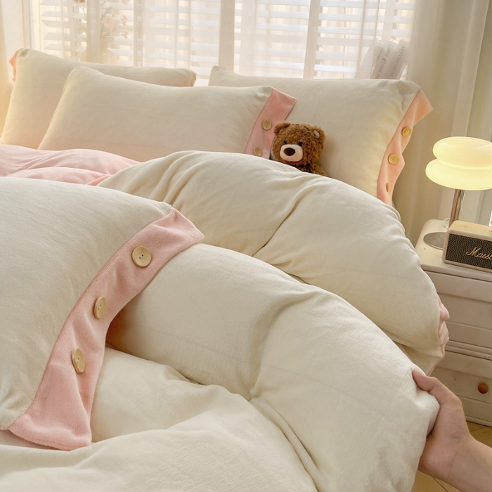 91家纺网 家纺一手货源 找家纺 （总）（含买家秀）2025秋冬新款纯色双拼牛奶绒纽扣款加厚保暖简约床单被套枕套床上用品