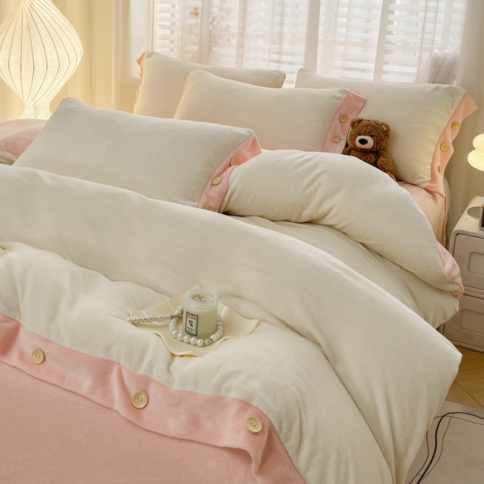 91家纺网 家纺一手货源 找家纺 （总）（含买家秀）2025秋冬新款纯色双拼牛奶绒纽扣款加厚保暖简约床单被套枕套床上用品