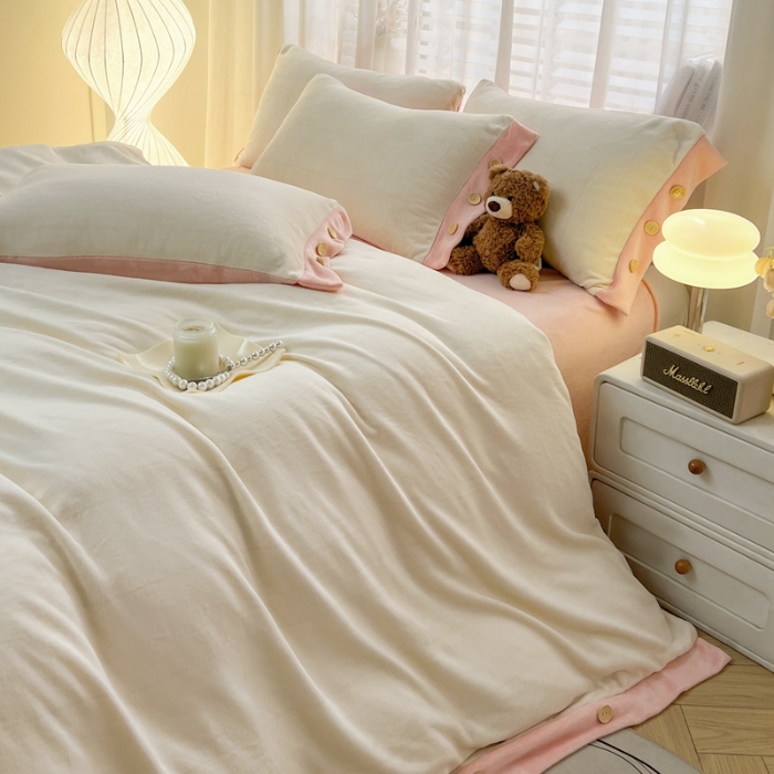 91家纺网 家纺一手货源 找家纺 （总）（含买家秀）2025秋冬新款纯色双拼牛奶绒纽扣款加厚保暖简约床单被套枕套床上用品