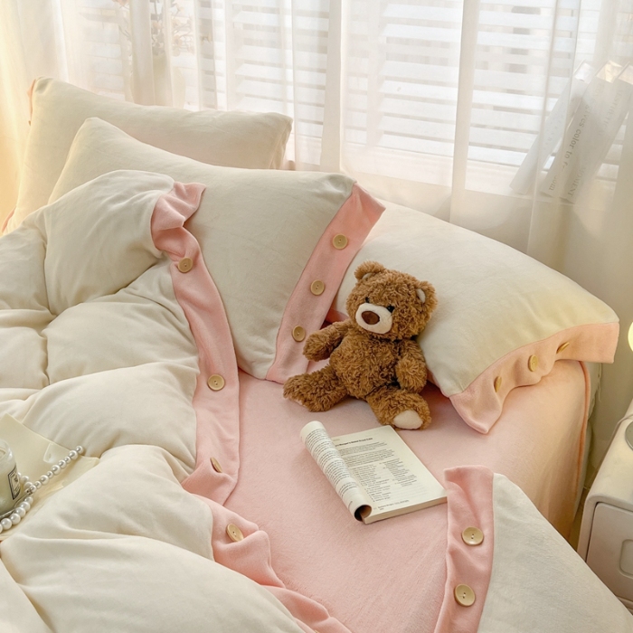 91家纺网 家纺一手货源 找家纺 （总）（含买家秀）2025秋冬新款纯色双拼牛奶绒纽扣款加厚保暖简约床单被套枕套床上用品