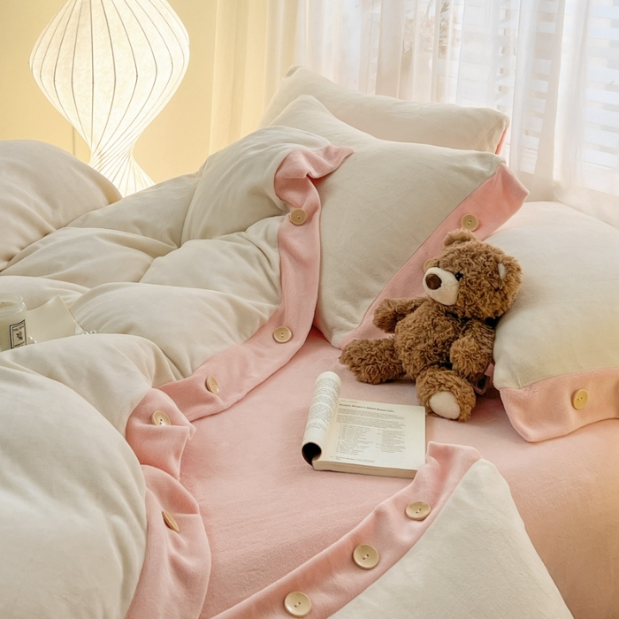 91家纺网 家纺一手货源 找家纺 （总）（含买家秀）2025秋冬新款纯色双拼牛奶绒纽扣款加厚保暖简约床单被套枕套床上用品