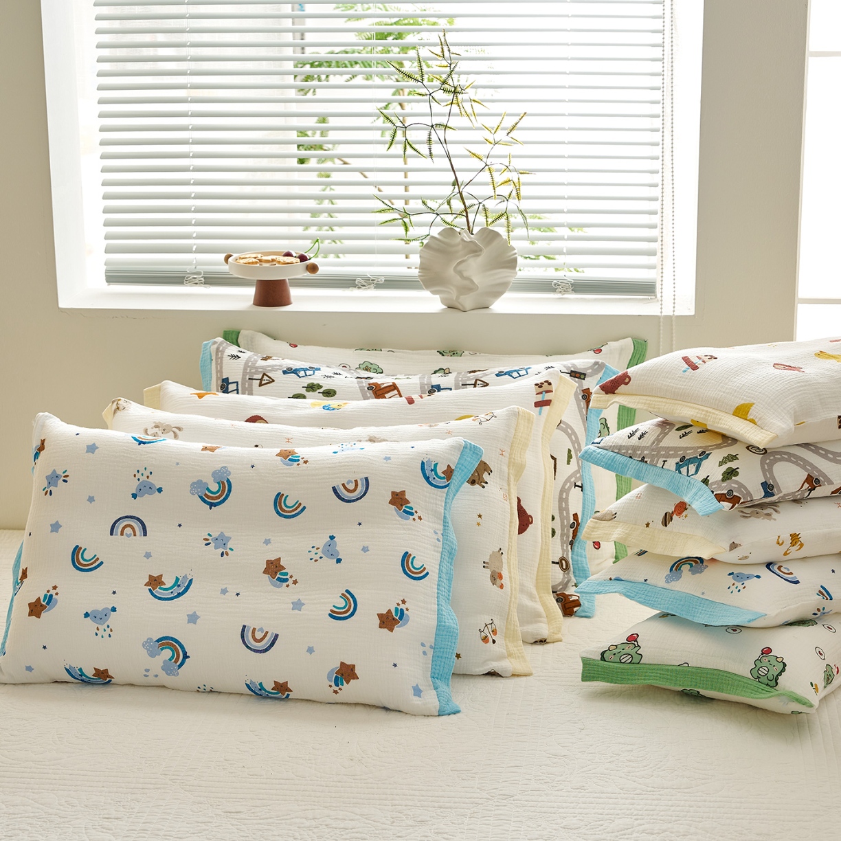 91家纺网 家纺一手货源 找家纺 （总）乐可 2025新款全棉纯棉纱布儿童拼色枕套单枕套枕头套