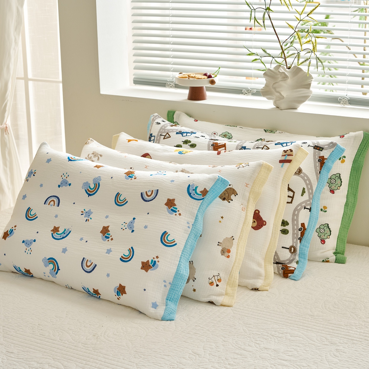 91家纺网 家纺一手货源 找家纺 （总）乐可 2025新款全棉纯棉纱布儿童拼色枕套单枕套枕头套