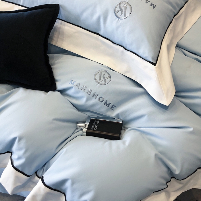 91家纺网 家纺一手货源 找家纺 高档礼盒装超细旦超柔长绒棉磨毛刺绣四件套秋冬加厚100%纯棉全棉床品 天空蓝-马丁-A类超柔超细旦长绒棉磨毛