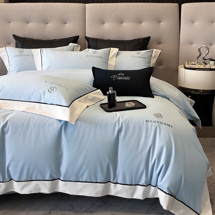 91家纺网 家纺一手货源 找家纺 高档礼盒装超细旦超柔长绒棉磨毛刺绣四件套秋冬加厚100%纯棉全棉床品 天空蓝-马丁-A类超柔超细旦长绒棉磨毛