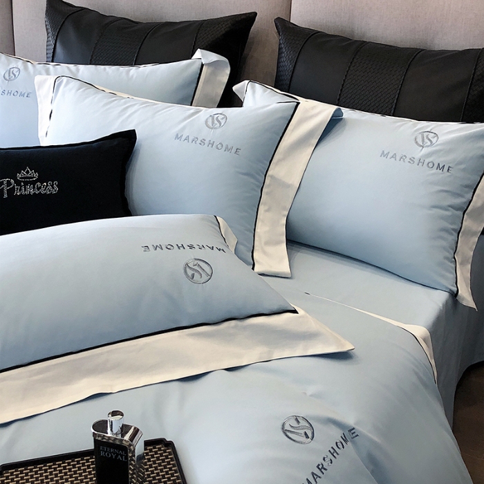 91家纺网 家纺一手货源 找家纺 高档礼盒装超细旦超柔长绒棉磨毛刺绣四件套秋冬加厚100%纯棉全棉床品 天空蓝-马丁-A类超柔超细旦长绒棉磨毛