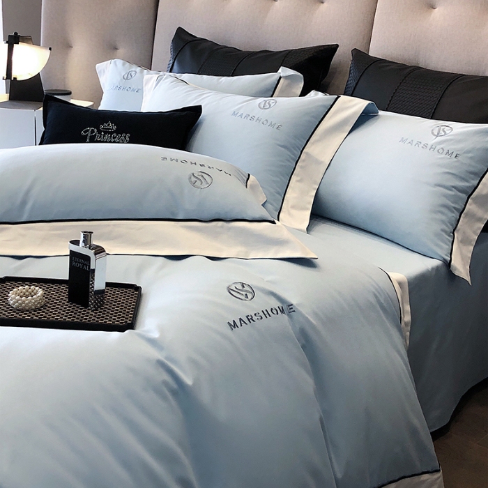 91家纺网 家纺一手货源 找家纺 高档礼盒装超细旦超柔长绒棉磨毛刺绣四件套秋冬加厚100%纯棉全棉床品 天空蓝-马丁-A类超柔超细旦长绒棉磨毛