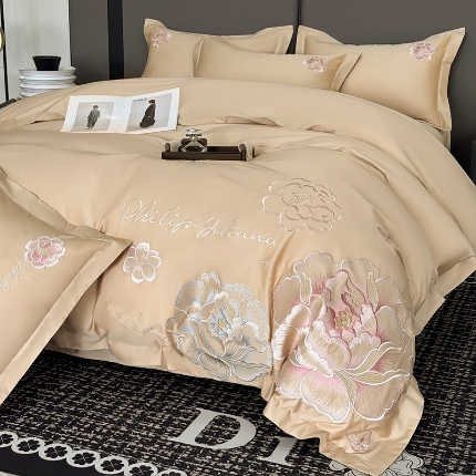 91家纺网 家纺一手货源 找家纺 （总）2025新款长绒棉全棉刺绣轻奢四件套--花开富贵 