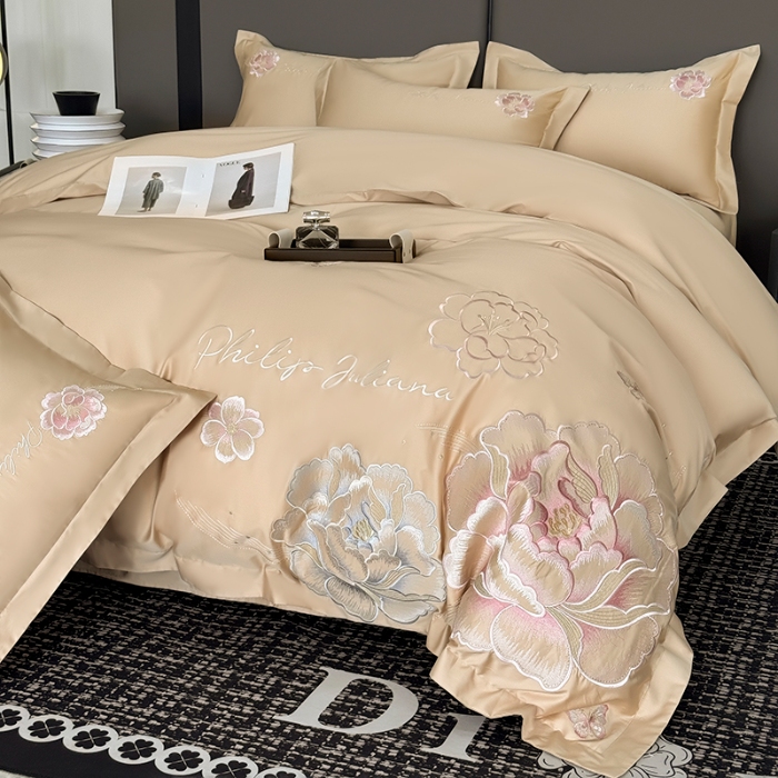 91家纺网 家纺一手货源 找家纺 （总）2025新款长绒棉全棉刺绣轻奢四件套--花开富贵 