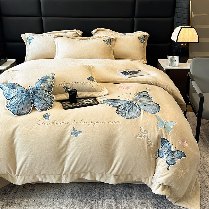 手提包九斤重超厚绵密有肌氧绒刺绣四件套秋冬加厚保暖牛奶绒宝宝绒床上用品 浅米灰-绒蝶舞-A类超厚绵密有肌氧绒