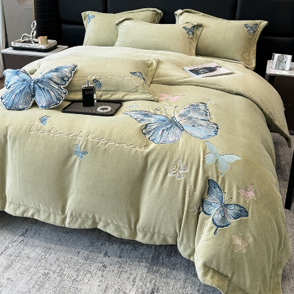 手提包九斤重超厚绵密有肌氧绒刺绣四件套秋冬加厚保暖牛奶绒宝宝绒床上用品 抹茶绿-绒蝶舞-A类超厚绵密有肌氧绒