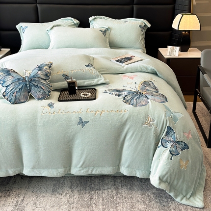 手提包九斤重超厚绵密有肌氧绒刺绣四件套秋冬加厚保暖牛奶绒宝宝绒床上用品 宁静蓝-绒蝶舞-A类超厚绵密有肌氧绒