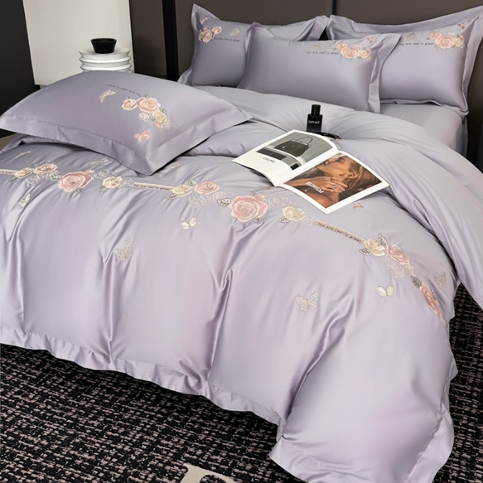 91家纺网 家纺一手货源 找家纺 （总）2025新款刺绣亲肤棉简约四件套 玫瑰之恋