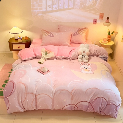 （总）2025年新款 专版花型 高克重全消光A类儿童牛奶绒四件套-萌萌兔