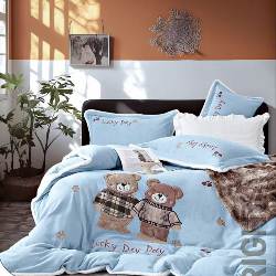 91家纺网 家纺一手货源 找家纺 2025高端保暧绒230克儿童萌萌兔手工花贴布绣四件套新品量大优惠,欢乐熊-蓝