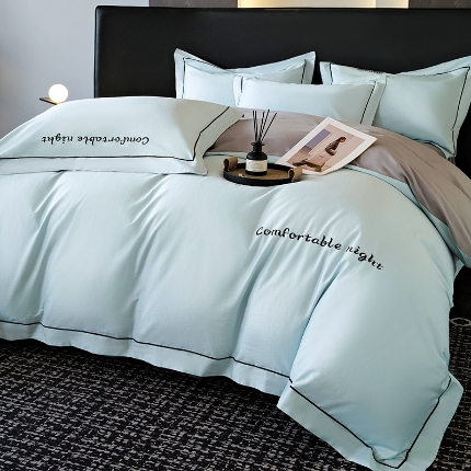 （总）2025新款全棉长绒棉双拼四件套刺绣轻奢床上用品-简约