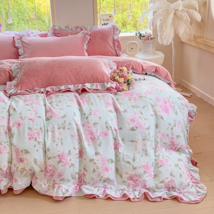 91家纺网 家纺一手货源 找家纺 （总） 2025韩版双花边多功能AB面牛奶绒四件套甜美仙女法式花边韩式小碎花印花牛奶绒四件套加绒保暖单被套罩