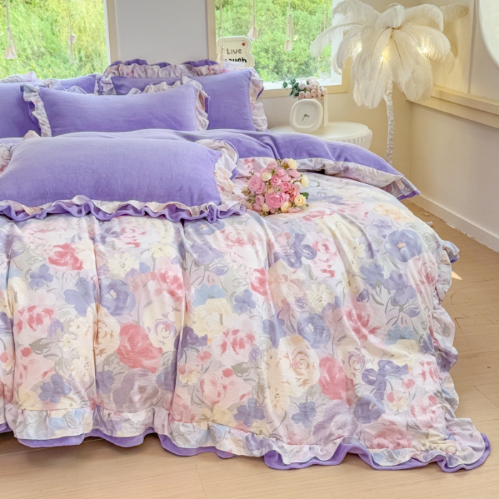 91家纺网 家纺一手货源 找家纺 （总） 2025韩版双花边多功能AB面牛奶绒四件套甜美仙女法式花边韩式小碎花印花牛奶绒四件套加绒保暖单被套罩