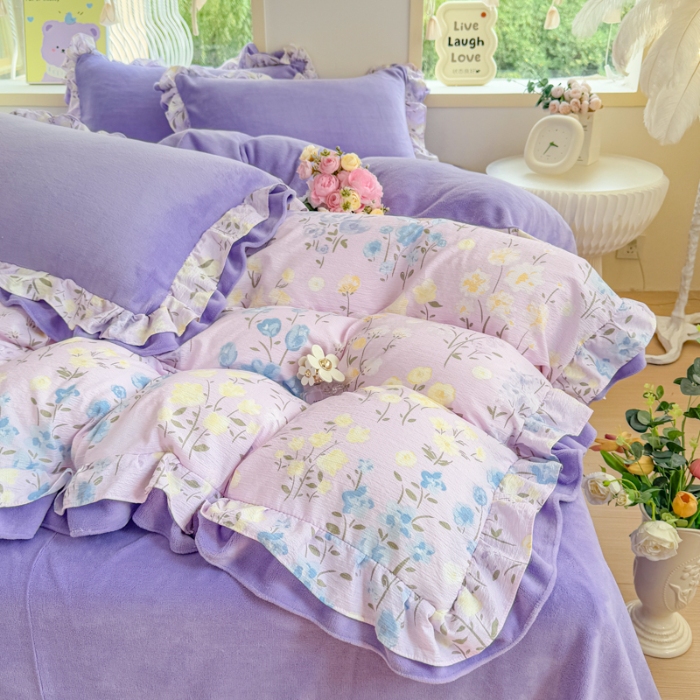 91家纺网 家纺一手货源 找家纺 （总） 2025韩版双花边多功能AB面牛奶绒四件套甜美仙女法式花边韩式小碎花印花牛奶绒四件套加绒保暖单被套罩