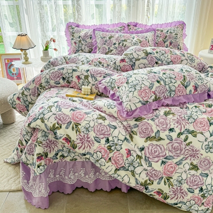 2025新款牛奶绒床盖四件套床上绒四件套 玫瑰花园