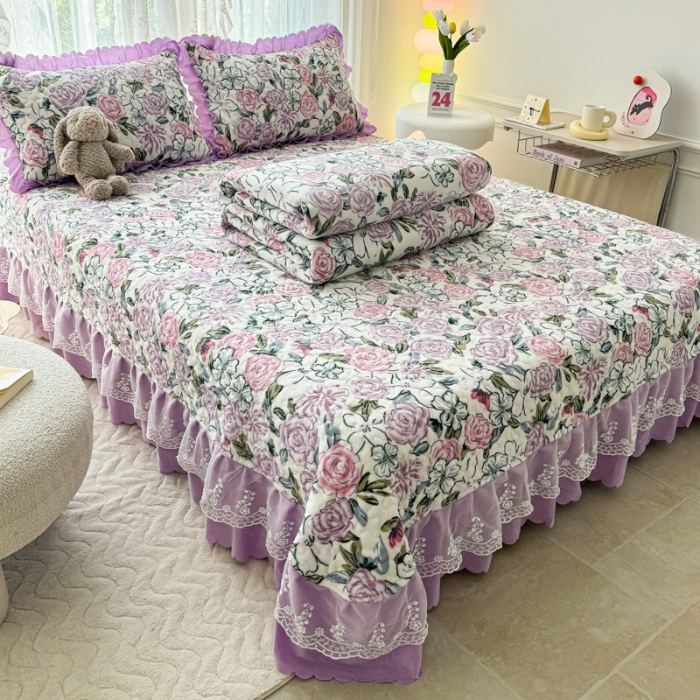 91家纺网 家纺一手货源 找家纺 2025新款牛奶绒床盖四件套床上绒四件套 玫瑰花园