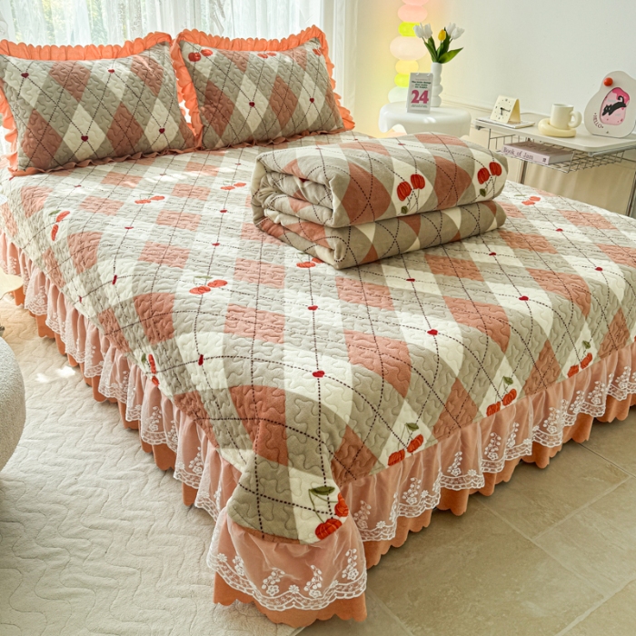 91家纺网 家纺一手货源 找家纺 2025新款牛奶绒床盖四件套床上绒四件套 橙色线条