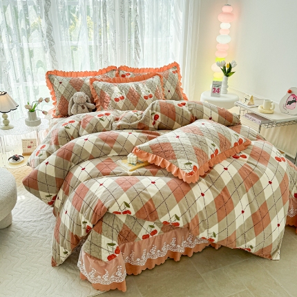 2025新款牛奶绒床盖四件套床上绒四件套 橙色线条
