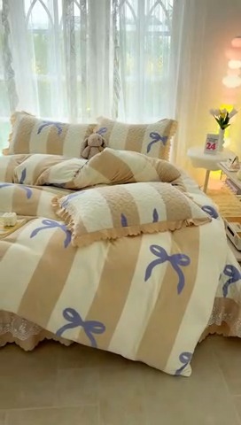 91家纺网 家纺一手货源 找家纺 2025新款牛奶绒床盖四件套床上绒四件套 蝴蝶结